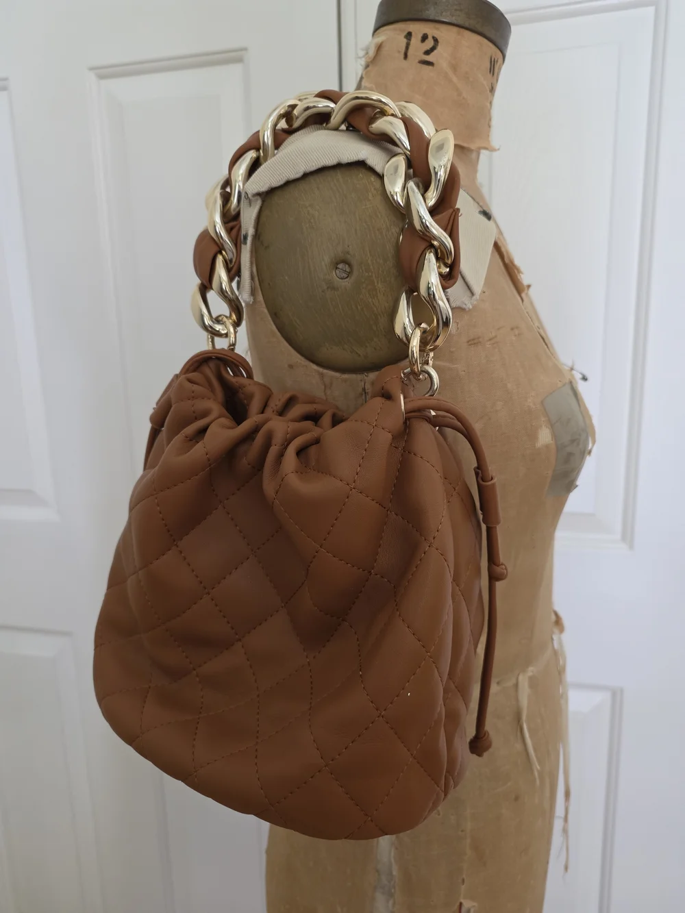 Source Unknown Quilted Drawstring Shoulder Bag - Brown with Gold Chain